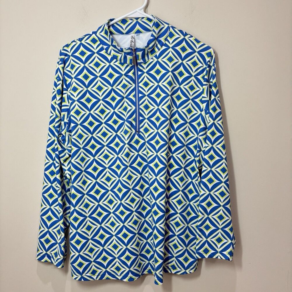Lulu-B Blue Green 1/4 Zip Top Women L Geometric UPF Tennis Pickleball Beach Golf